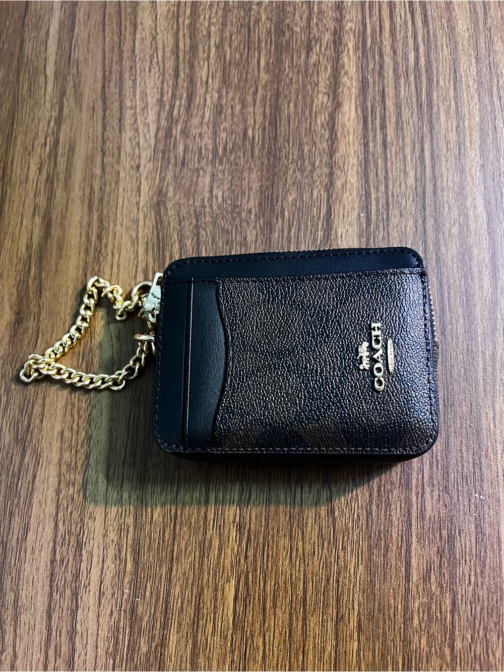 Coach Black Leather Card & Key Holder with Gold Chain